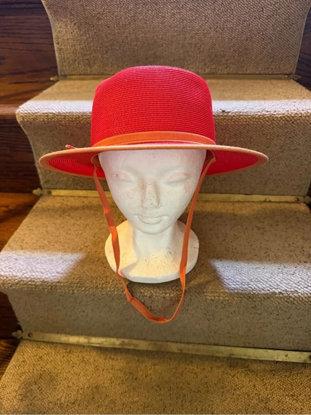 Sears Vintage Straw Sun Hat in Red with Orange Trim